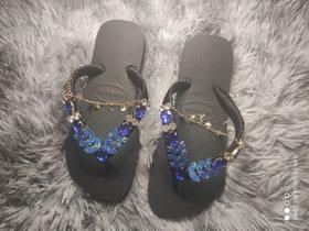 Chinelo Havaianas Decorado com Pedrarias de Luxo Preta com Azul