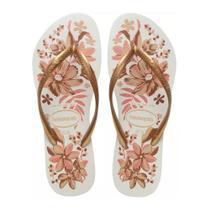 Chinelo Havaianas Slim Organic Flores Tiras Finas Feminino Adulto Original Confortável Cor:Branco DouradoTamanho:39/40
