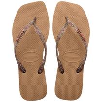 Chinelo Havaianas Slim Square Logo Metallic Rose Gold