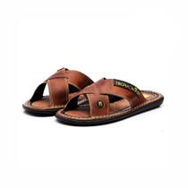 chinelo masculino casual trançado em couro sola borracha costurada