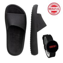 Chinelo Nuvem Slide Flexível Confortável Original Preto + Relógio Digital Pulseira Silicone