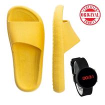 Chinelo Ortopédico Confortável Flexível Moderno Original Amarelo + Relógio Digital Pulseira Silicone
