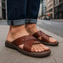 Chinelo Papete Ortopédico Anatômico Anti Stress Masculino Couro Legítimo Em Tiras Preta