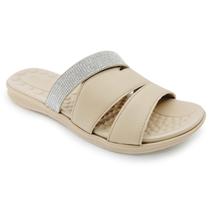 Chinelo Slide Couro Strass Amortecedor Palmilha Massageadora