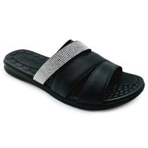 Chinelo Slide Couro Strass Amortecedor Palmilha Massageadora