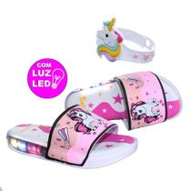 Chinelo Slide Feminino Rosa Com Luz Led Unicórnio Infantil com Pulseira