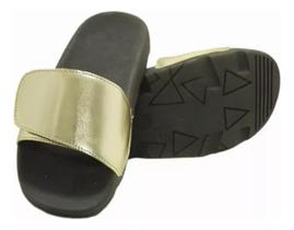 chinelo slide feminino tira autocolante ajustável metalizado