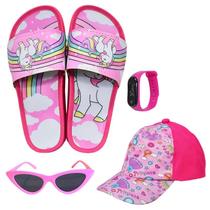Chinelo Slide Infantil Feminino Unicórnio Sereia Confortável Leve Antiderrapante + Boné Óculos Relógio