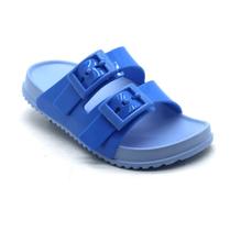 Chinelo Slide Infantil Plugt Fivelas Azul Lilás Ajustável, Confortável, Leve, Antiderrapante e Durável