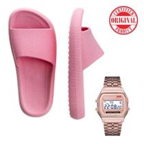 Chinelo Slide Nuvem Flexível Moderno Original Rosa + Relógio Digital Pulseira Aço Inoxidável