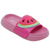 Chinelo Slide Plugt Infantil Menina Floquinho Melancia Rosa Chiclete Calce Facil Leve e Confortavel