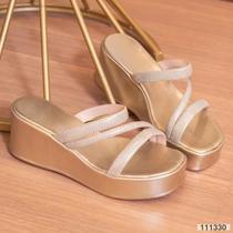 Chinelo Tamanco Flat Confort 3 tiras Strass Gliter Plataforma Anabela Feminino Ref 2112