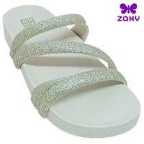 Chinelo Zaxy Feminino Tiras Frontais Brilhosas Slide Glamour