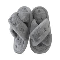 Chinelos De Algodão Plush Com Bordado Em Laço Para Mulheres, Estilo Fashion Com Tiras Cruzadas, Sola