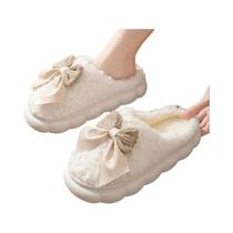 Chinelos De Inverno Femininos Quentes Com Pelúcia, Laço Fofo, Antiderrapantes, Confortáveis, Sola