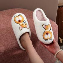 Chinelos De Pelúcia Bordados De Corgi Com Solado Grosso Confortáveis Em Lã De Algodão Chinelos De Pelúcia Bordados De Corgi Com Solado Grosso Confortáveis Em Lã De Algodão