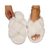 Chinelos Femininos De Inverno Com Pelúcia, Tiras Cruzadas, Felpudos, Com Ponta Aberta, Salto Baixo,