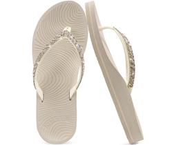 Chinelos femininos de strass KuaiLu com suporte de arco confortável, tapete de ioga, sandálias, moda, verão, praia, piscina, viagem, tanga ortopédica para caminhada, sandálias deslizantes, fascite plantar, bege, branco 9