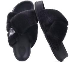 Chinelos femininos KuaiLu Fuzzy Criss Cross Platform pretos 10 Chinelos femininos KuaiLu Fuzzy Criss Cross Platform pretos 10