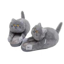 Chinelos Funny Blue Cat Plush para mulheres - Fluffy Cartoon Hou