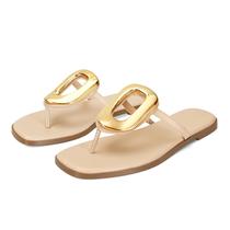 Chinelos Wnshonzy para mulheres, sandálias tanga de couro plano nude