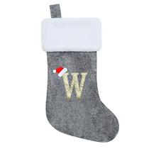 Chisander 20 polegadas cinza com branco Super macio de pelúcia meias de Natal bordado personalizado monogramado meias de Natal enfeites suspensos para decorações de festa de Natal de férias da família (letra W)