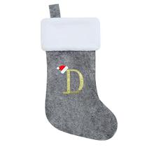Chisander 20 polegadas cinza com branco Super macio de pelúcia meias de Natal personalizado bordado monogramado meias de Natal enfeites suspensos para decorações de festa de Natal de férias da família (letra D)
