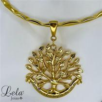 Chocker aro martelado com pingente arvore da vida folheado em ouro 18k