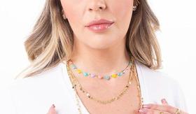 Chocker Banho de Ouro Pingente Coração Coloridos