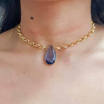 Chocker Elo Português Pingente Pedra Gota Roxa Folheado A Ouro 18k