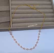 Choker Cordão com Elos Pedras Cristais Rose Cristal Ródio Branco Folheado Ouro Luxo Cascalhos Zircônias Moda Luxo