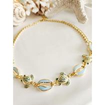 Choker Dourada Tartaruga Búzio Azul Praia Verão Oceano Delicada Estilo Mar Boho Chic Feminina Colar