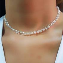 Choker Duplo 2 Fios Pérola com Bolinha Lisa Banhado a Prata