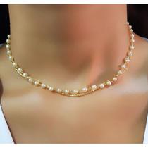 Choker Duplo 2 Fios Pérola com Bolinha Lisa Banhado em Ouro18k Choker Duplo 2 Fios Pérola com Bolinha Lisa Banhado em Ouro18k