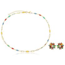 Choker e Brinco Flor Colorida Banhado 18k