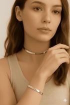 Choker e Pulseira Ajustável Reto Brilhante Conjunto Feminino - Folheado - Dourado e Prata