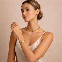 Choker e Pulseira Ajustável Reto Liso Dourado e Prata