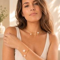 Choker e Pulseira com Perolas Folheado Dourado e Prata - Aro Ajustáve