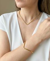 Choker e Pulseira em V Folheado Dourado ou Prata Feminino Ajustável e Antialérgico