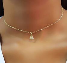 Choker Elo Português com Nossa Senhora Aparecida Zircônia Cristal Banhado a Ouro