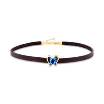 Choker em Couro com Borboleta-Azul Revestida em Ouro Choker em Couro com Borboleta-Azul Revestida em Ouro