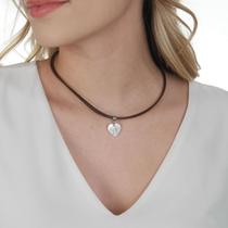 Choker Feminino Em Couro Marrom com Pingente Àrvore Da Vida Madrepérola Coração