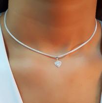Choker Fio Cobra com Pingente Coração Micro Zircônia Cristal Banhado a Prata