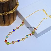 Choker Gargantilha Feminino Com elo Corações Cristal Coloridas Folheado Ouro Dourado Prata Corrente Coração Colorido
