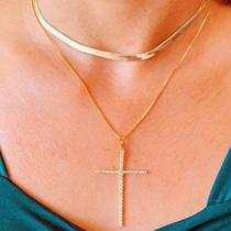 choker gargantilha fio liso laminado metalizado + colar feminino crucifixo strass cravejado ouro 18k Exclusivo Qualidade choker gargantilha fio liso laminado metalizado + colar feminino crucifixo strass cravejado ouro 18k Exclusivo Qualidade