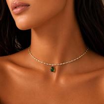 Choker Riviera Baguette Zircônia Cristal e Gota Zircônia Esmeralda Banhado a Ouro Choker Riviera Baguette Zircônia Cristal e Gota Zircônia Esmeralda Banhado a Ouro