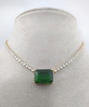 Choker Riviera detalhe Pedra Verde Banhado a Ouro 18 k.
