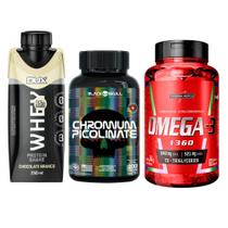 Chromium Picolinate 200 - Tabs - Black Skull + Ômega 3 - 60 Cáps - Integral + Whey Shake 250ml - Dux