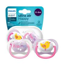 Chupeta Avent Ultra Air Happy Dupla Tamanho 1 Rosa Passarinho e Branca Kiss Me 0-6m