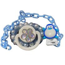 Chupeta Magnética Azul Personalizada Com Pérolas Para Bebê Reborn
